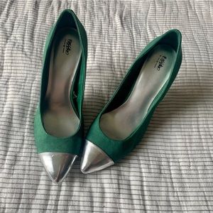 Green Suede Heels With Silver Tips